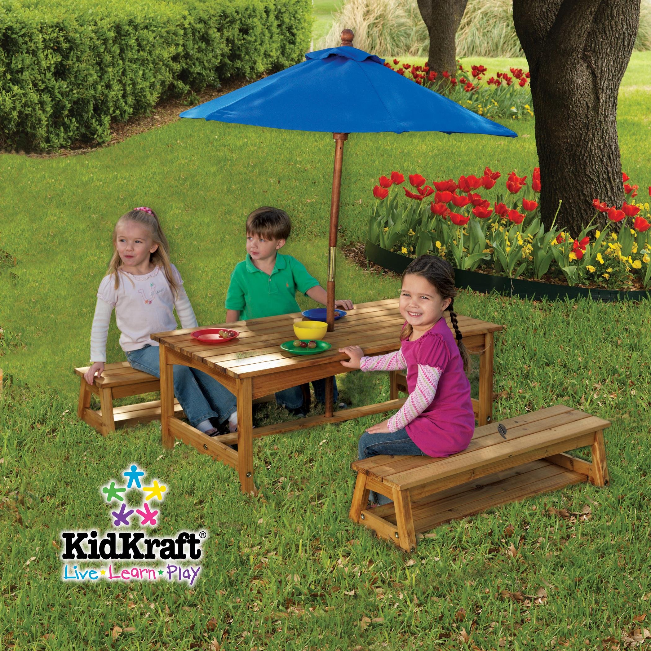 Table & Benches with Blue Umbrella