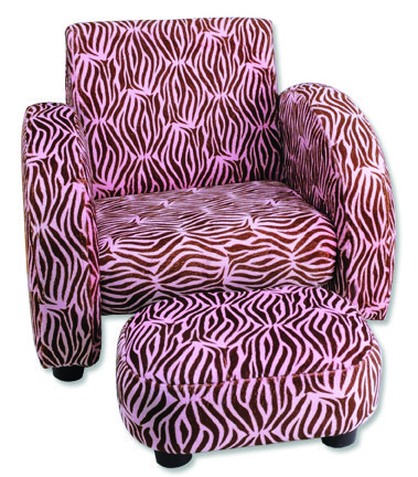 Pink Zebra Velour Stuffed Chair w/Rectangular Ottoman