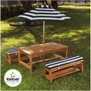 Outdoor Table & Bench Seat - Cushions with Navy Stripes- Matching Canopy